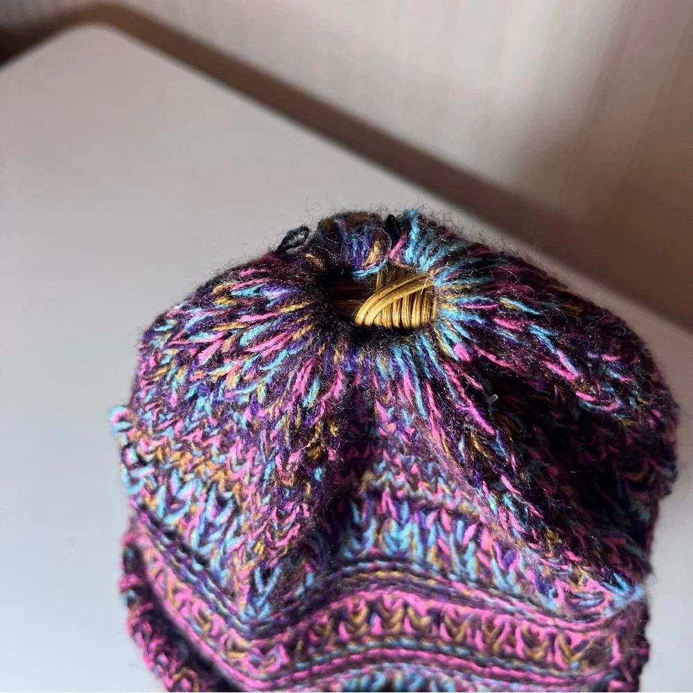 Multi-Color Marled Knit Ponytail Beanie - Purple & Pink Chunky Messy Bun Hat